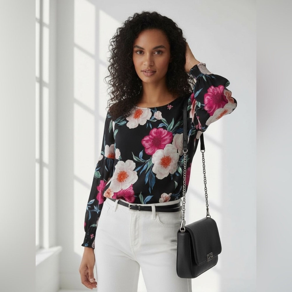Blu Pepper Black Floral Blouse with Pink & White Flowers